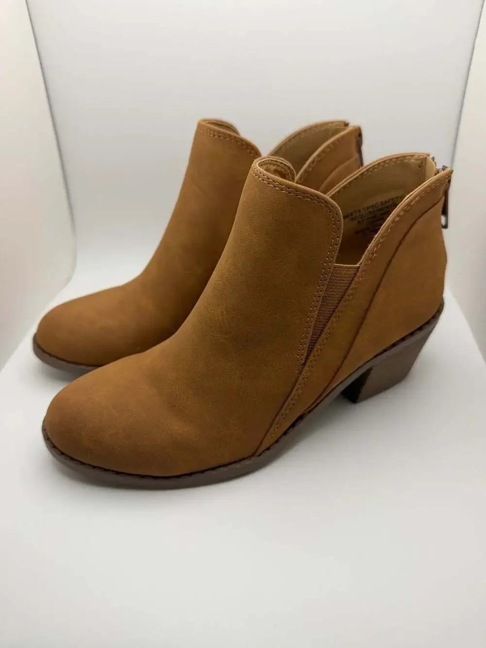 By The Way (btw) Tan Faux Suede Ankle Booties with Side Cutouts and Back Zipper